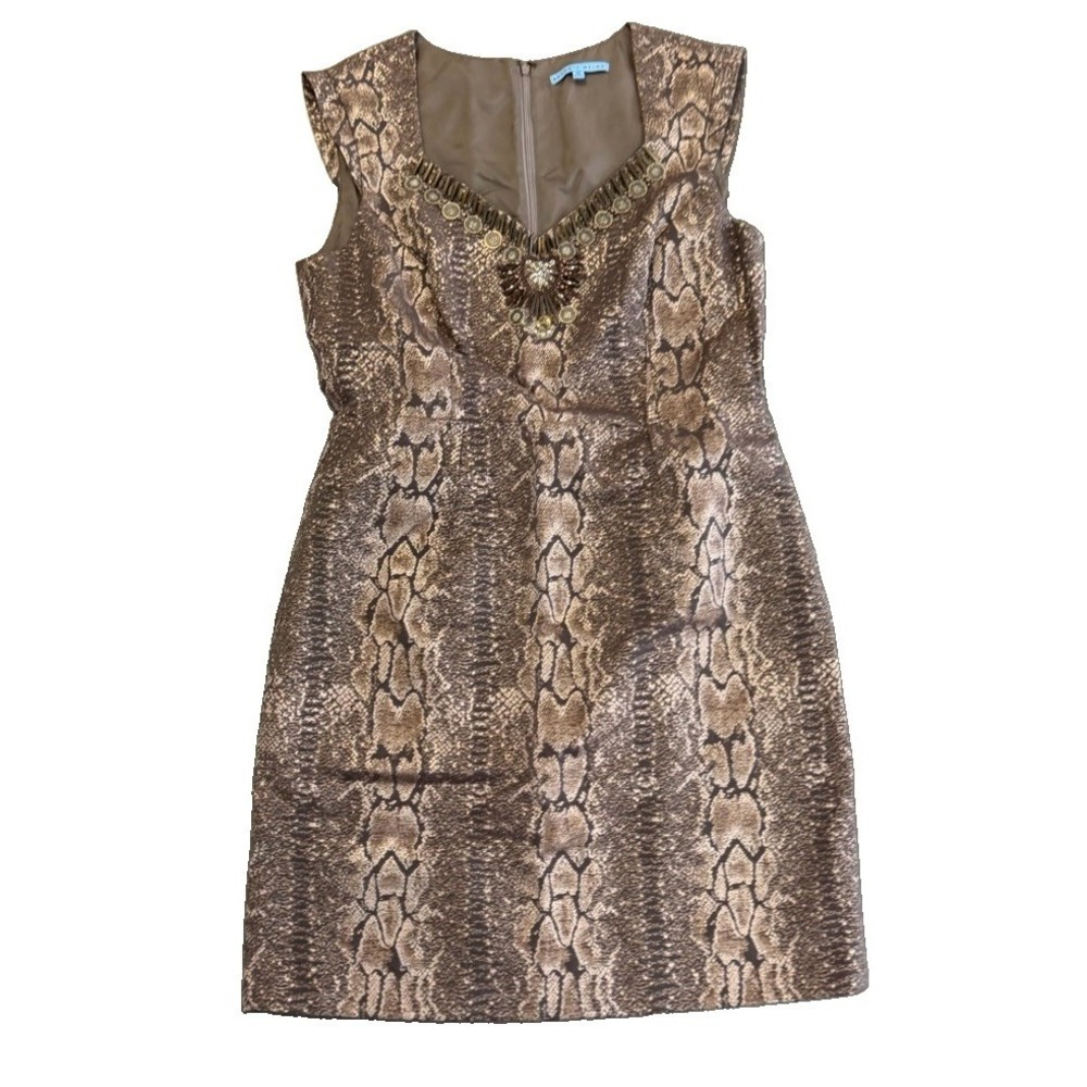Antonio Melani Size 14 Brown Snakeskin Print Embellished Sheath Dress Beaded